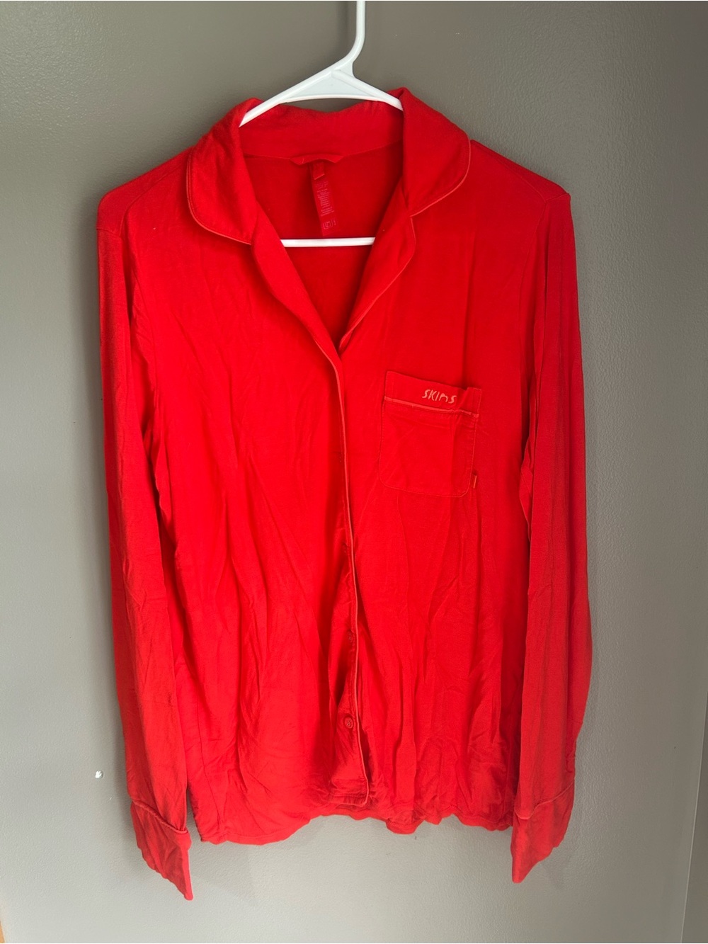 Skims Long Sleeve Button Up Sleep Lounge Shirt - Ruby Red - Picture 5 of 10